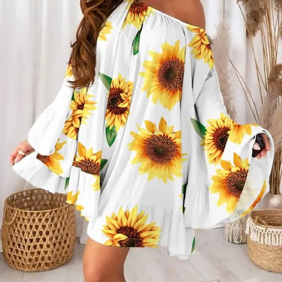 Sunflower Print Bell Sleeve Ruffle Hem Swing Dress - Picture 3 of 6